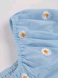 Blue Daisy embroidery Puff Sleeve Dress