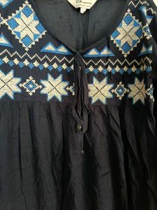 Embroidered Blue Cotton Kurta Top