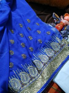 Royal Blue Saree with Gold Paisley Print