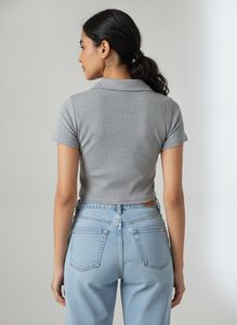 Grey Ribbed Polo Crop Top