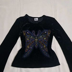 Y2k Vintage 2000s Velvet Butterfly Long Sleeve Top