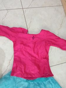 Girls Pink Kurti and Blue Skirt Set