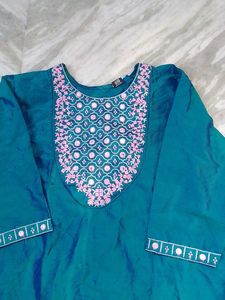 Beautiful Teal Kurta with Pink Embroidery