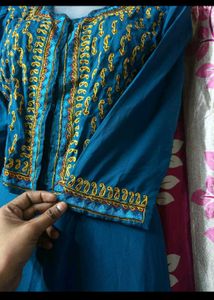 Elegant Teal Gown with Gold Embroidery