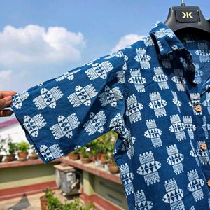 Blue Fish Print Cotton Kurta