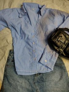 Retro Striped Button-Up &amp; Denim Skirt Set