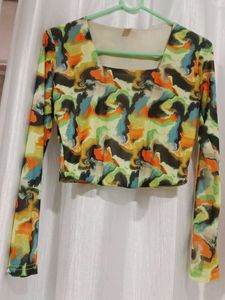 Abstract Print Long Sleeve Crop Top