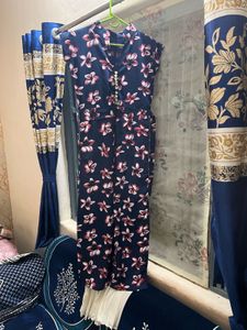 Navy Floral V-Neck Dress with Gold Buttons