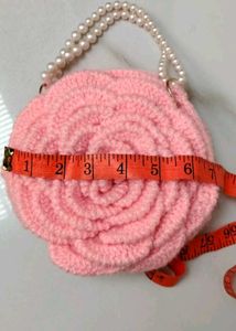 Chic Pink Rose Crochet Handbag with Pearl Strap