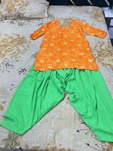 Orange Bandhani Kurta with Green patiyala