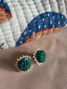 handmade Green Beaded Stud Earrings