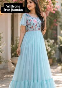 ✨ Sky Blue Floral Maxi Dress with free jhumkas💙🌸