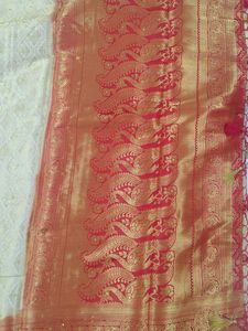 Cream &amp; Red Brocade Saree