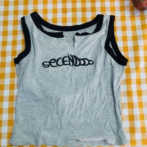 Grey Ribbed Tank Top with Black Trim