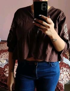Brown Embroidered Peplum crop Top