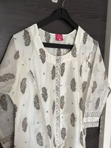 White Printed Kurta with Grey Pants