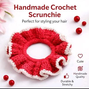 Handmade Crochet Scrunchie - Red & White🧶