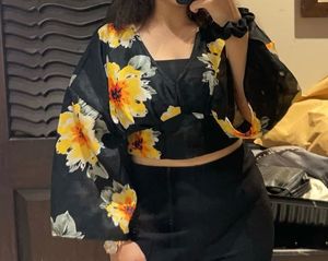 Chic Black Floral Print Blouse (Size : M)