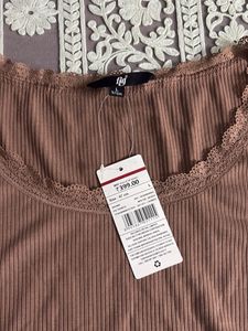 Brown Ribbed Top with Lace Trim