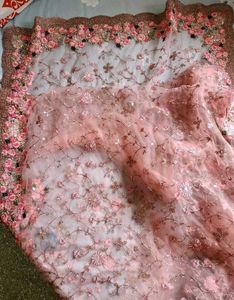 Pink Floral And Sequin Embroidered Designer Saree
