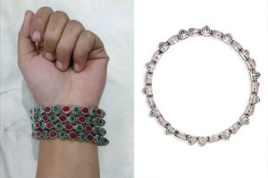 Set Of 4 Oxidised Pink &amp; Green Stone Bangles (2.4)