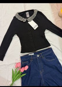 Black Ribbed Button-Up Top with Collar