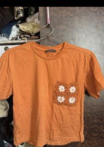 Orange Crocheted Pocket T-Shirt