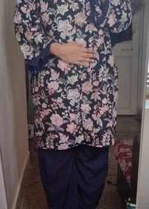 Floral Printed Kurta with Navy Blue Pants