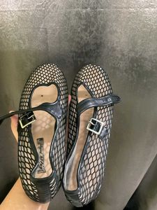 Black Mesh Ballet Flats with Buckle