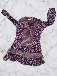 Maroon Floral Printed Ruffle One Piece Dress