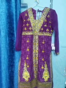 Purple Kurtaa With Zarkan Work On Net. Net Plazo And Dupatta.