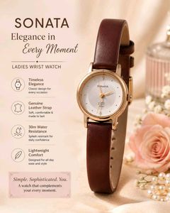 🍒575 2DAY-Sonata Ladies watch Brown Leather Stra