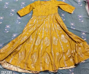 Yellow Ethnic Gown with Silver Print