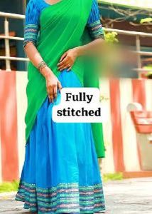 blue green fully stitched half saree