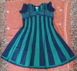 Pure Cotton Green Blue Printed Anarkali Kurti