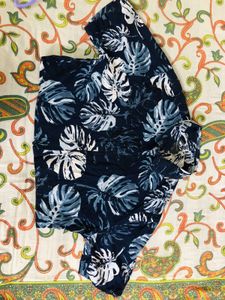 Navy Blue Tropical Print Crop Shirt