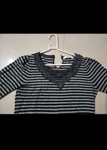 Striped Long Sleeve Top with Lace Neckline