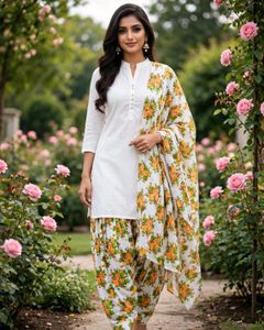 White Kurta Set with Floral Dupatta