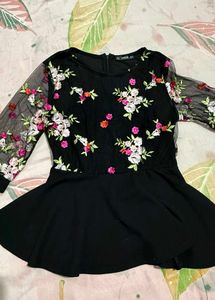 Black Embroidered Mesh Sleeve Top
