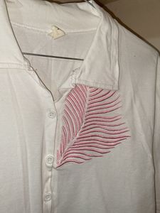 White Feather Embroidered Button-Up Shirt
