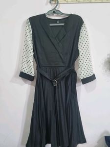 Black  Midi Dress with Polka Dot Design Sleeves
