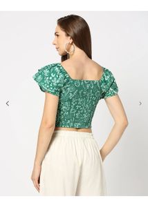 Green Floral Print Smocked Crop Top