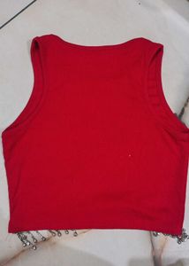 Red Crop Top with Rhinestone Fringe