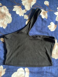 Ribbed Black One-Shoulder Top