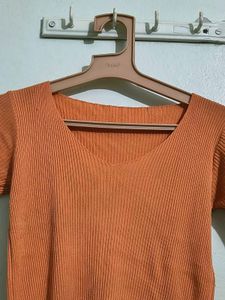 Orange Ribbed V-Neck Top