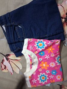 Cute Pink Floral Crop Top &amp; Jeans Set