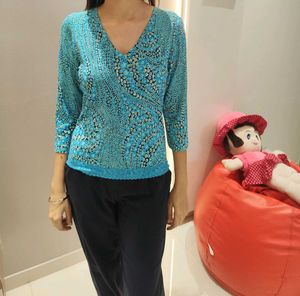 H&amp;M Blue Floral Print Lace Trim Top - XS/S
