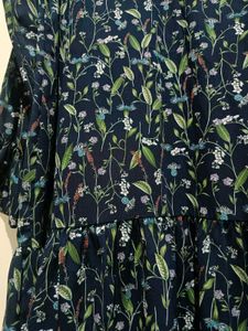 Vintage Navy Blue Floral Ruffle Dress with Lace V-
