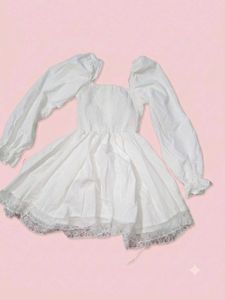 Savana White Puff Sleeve Lace Trim Dress