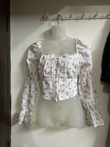 White Floral Print Square Neck Top